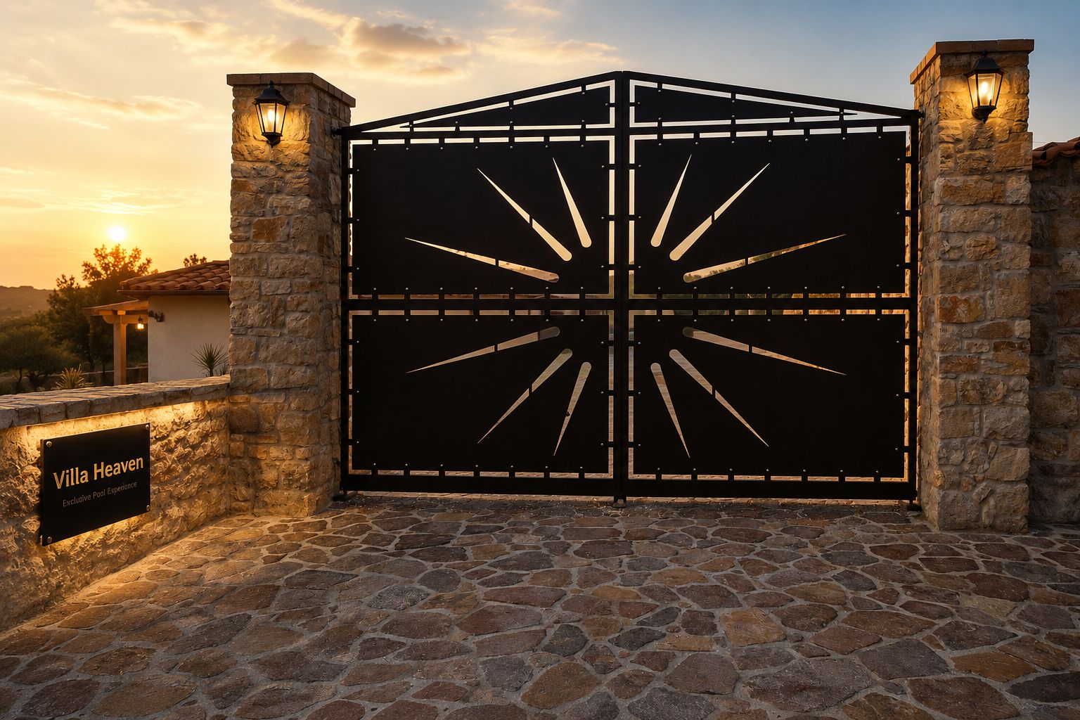 Une entrée fermée par un portail, avec un mur en pierre et une pancarte indiquant : « Villa Heaven, expérience exclusive de piscine ».