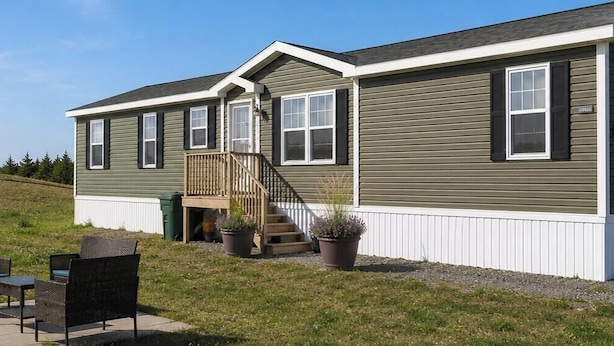 A single-story house with a covered porch, a staircase, and a large wind turbine in the background. - Entire House & Windmill Coast Retreat (Glace Bay)