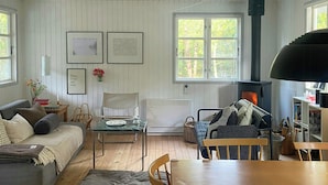A cozy living room with a fireplace, a dining table, and a comfortable sofa.