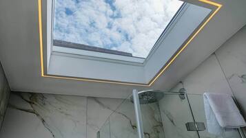 A skylight in a bathroom with marble walls and a glass shower enclosure.