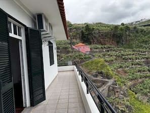 A balcony with a view of a terraced garden and a distant pink building. - Wolf Villa (Câmara de Lobos)