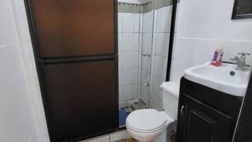 Shower, towels, soap, toilet paper