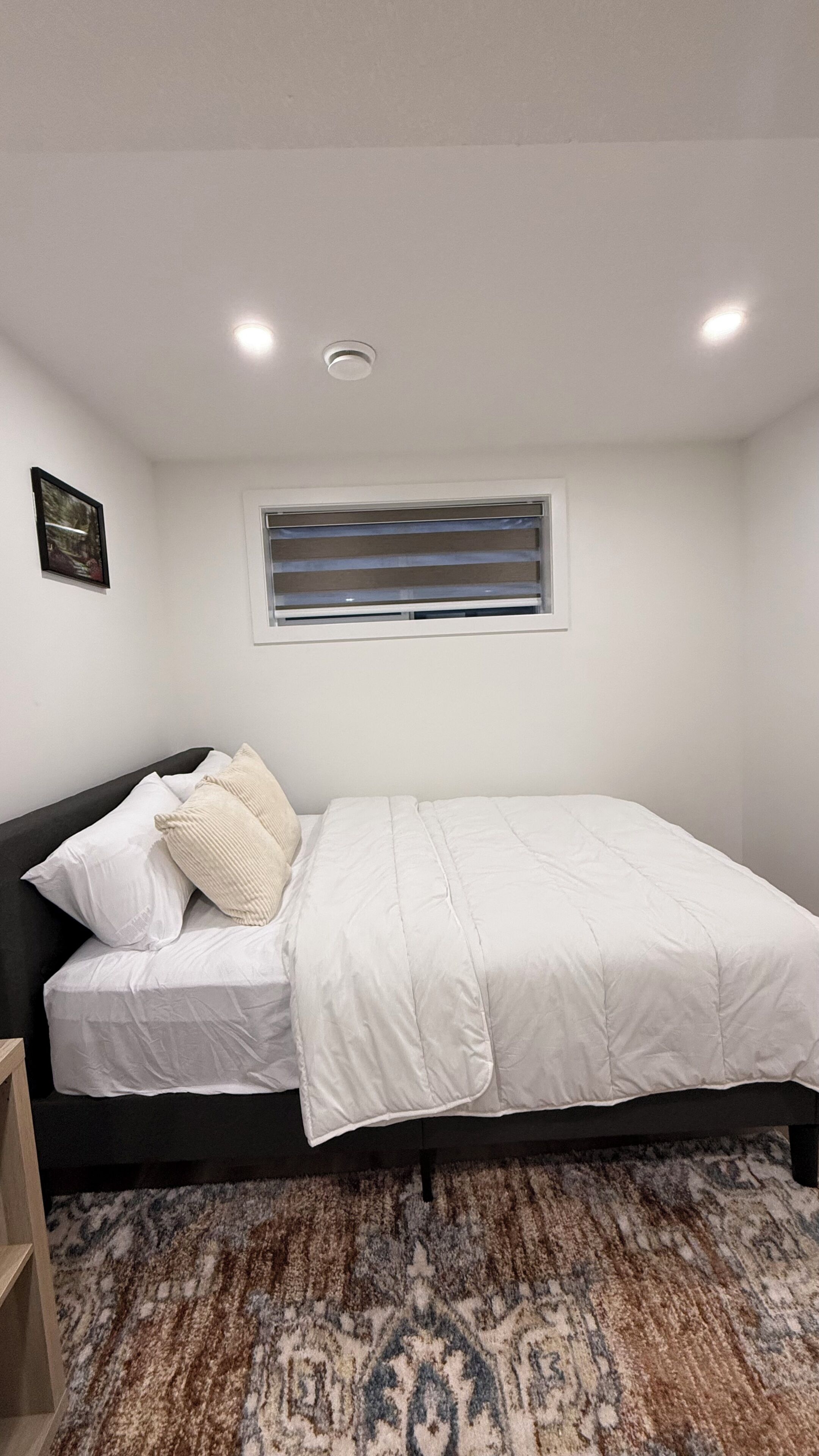 A bedroom with a bed, a window with blinds, a ceiling light, and a patterned rug.