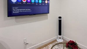 Un téléviseur à écran plat fixé à un mur blanc, un radiateur mobile blanc, une table ronde en métal avec un pot de plante et un tapis à motifs de marbre.
