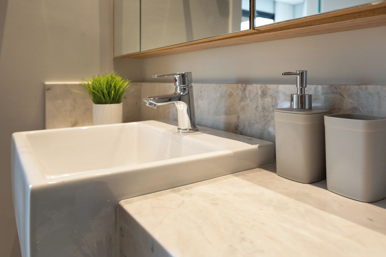 Une salle de bain moderne avec un grand lavabo blanc, deux robinets et une petite plante en pot.