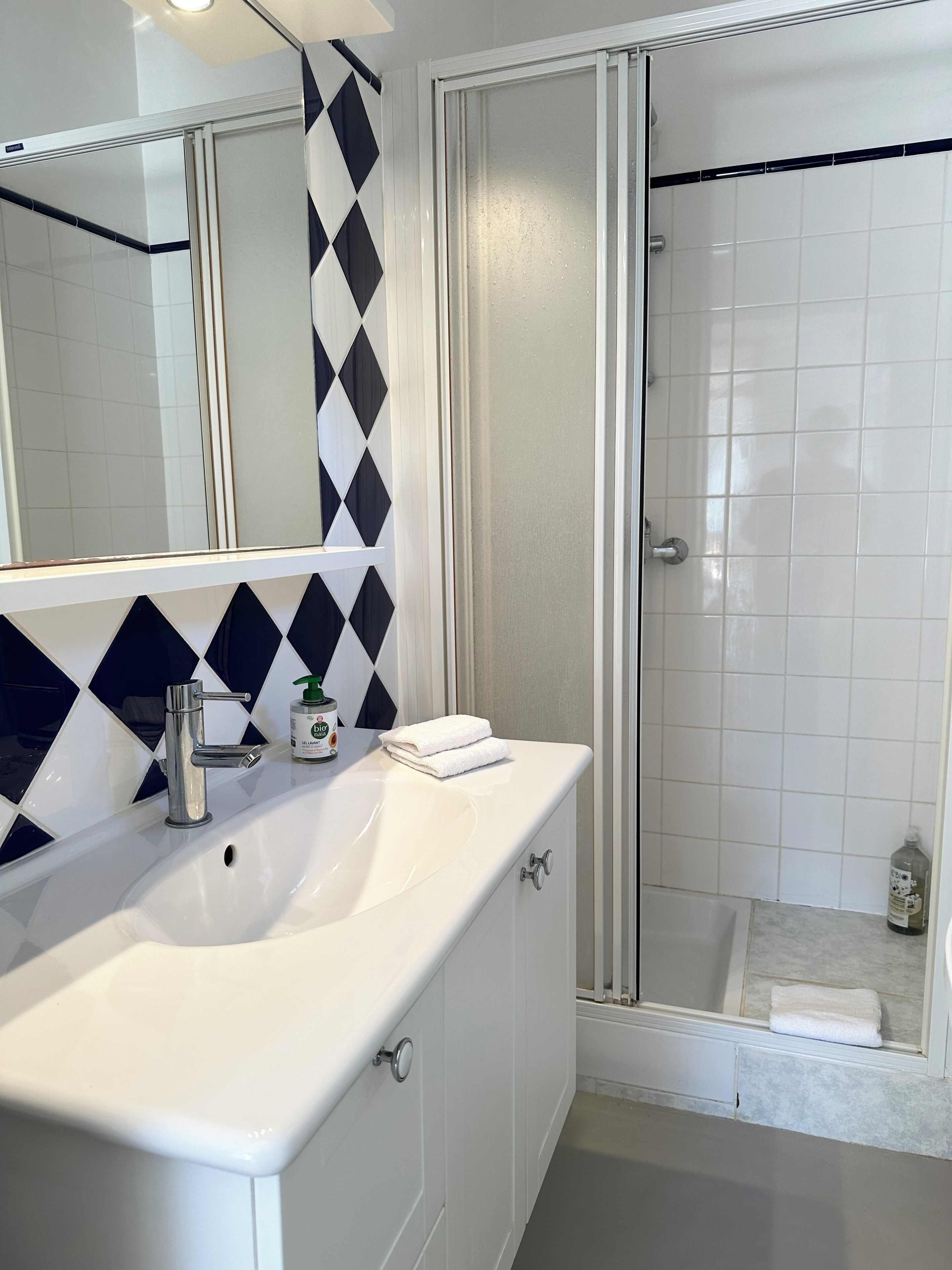 Douche, sèche-cheveux, serviettes fournies, savon
