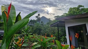 A modern building with a glass facade, surrounded by lush tropical plants and a mountain in the background. - 1BR bungalow with plunge pool, outdoor shower & Arenal Volcano view (La Fortuna)