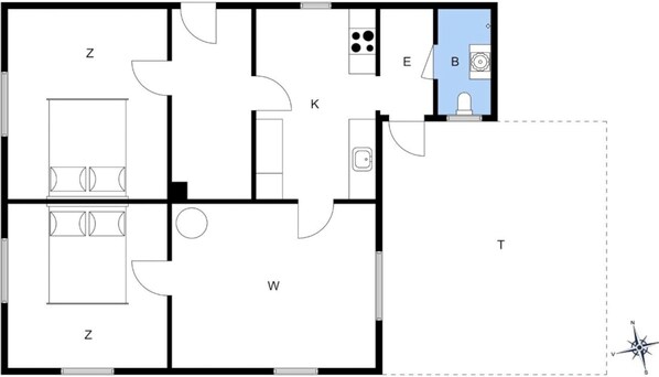 A floor plan with labeled rooms Z, W, K, E, and B, including a bathroom and a kitchen area. - 4 Star Holiday Home in Ullerslev (Ullerslev)