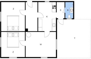 En plantegning viser rummene Z, W, K, E og B, samt et badeværelse og et køkkenområde.