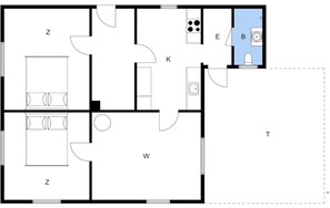 A floor plan with labeled rooms Z, W, K, E, and B, including a bathroom and a kitchen area. - 4 Star Holiday Home in Ullerslev (Ullerslev)