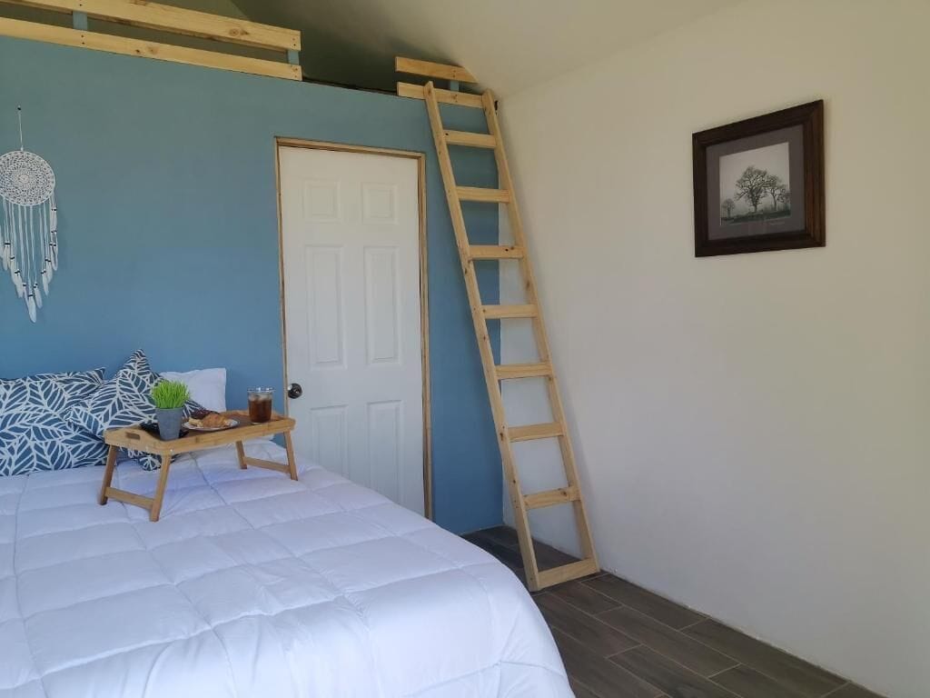 A bedroom with a bed, a ladder, a door, a framed picture, and a dreamcatcher on the wall.