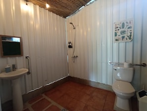 A bathroom with a shower, toilet, sink, and a wall-mounted mirror.