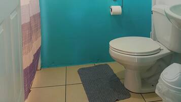 A bathroom with a turquoise wall, a white toilet, a roll of toilet paper, and a white towel hanging on a rack.