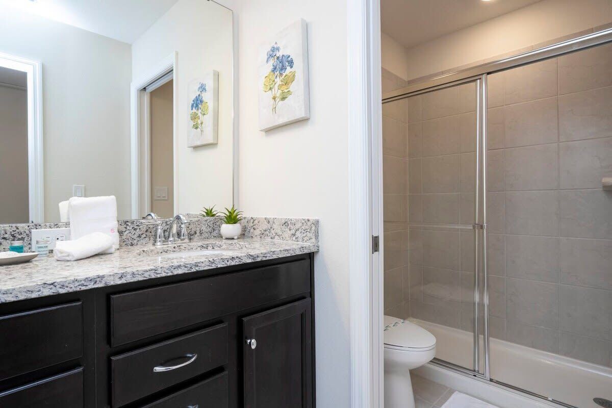 A bathroom with a shower, a sink with a marble countertop, a toilet, and two wall-mounted flower paintings.