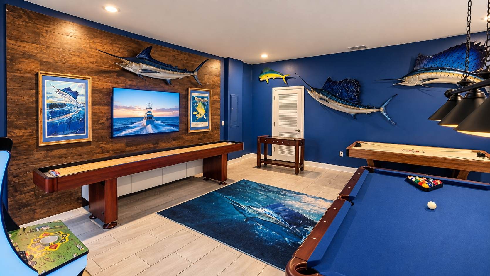 Une pièce équipée d’une table de billard, d’un banc et de décorations murales représentant des poissons.