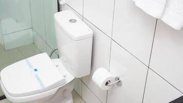 Chuveiro, secador de cabelo, toalhas de banho, sabonete