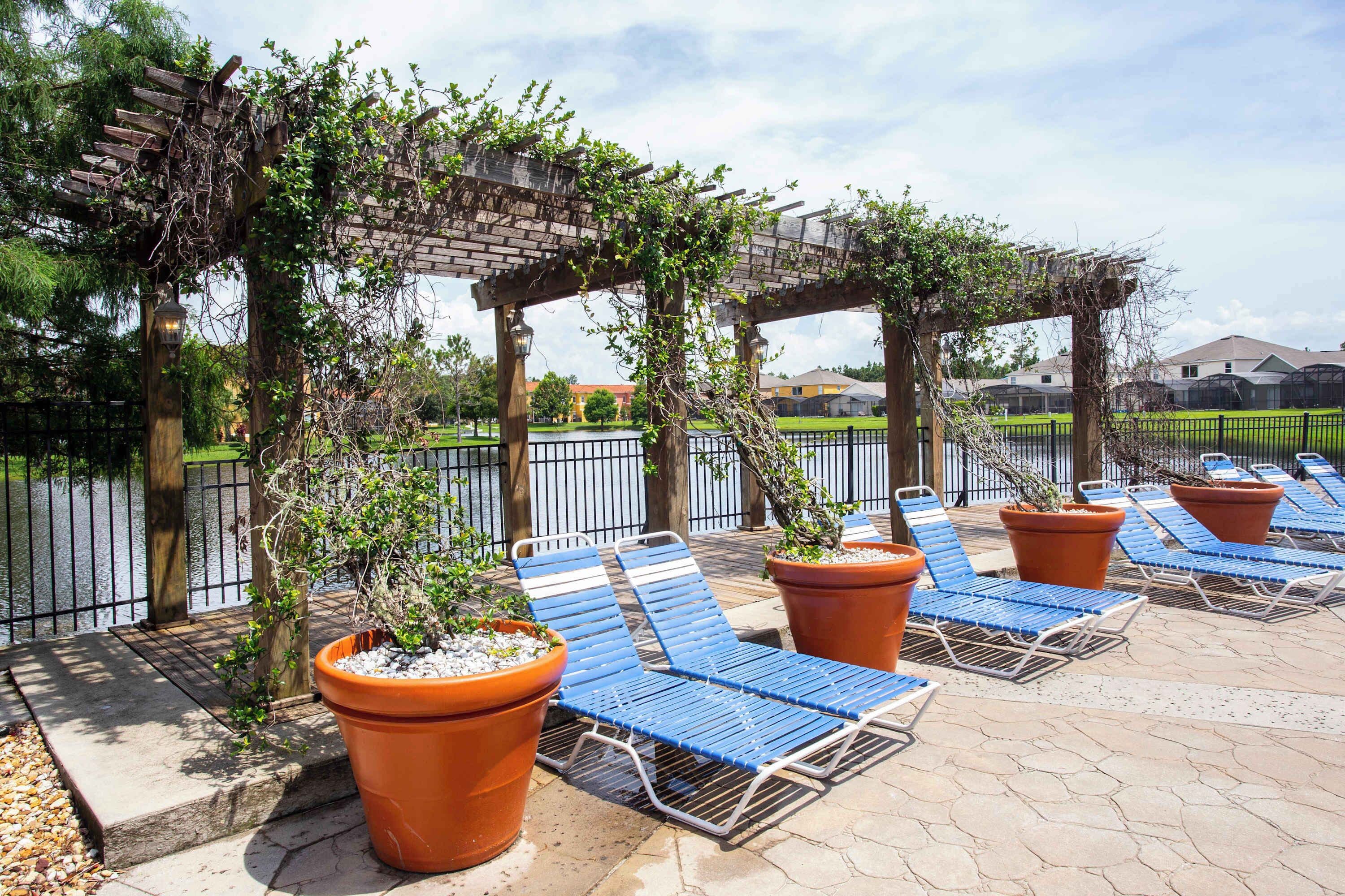 Un espace patio aménagé avec des chaises longues et des plantes en pot.