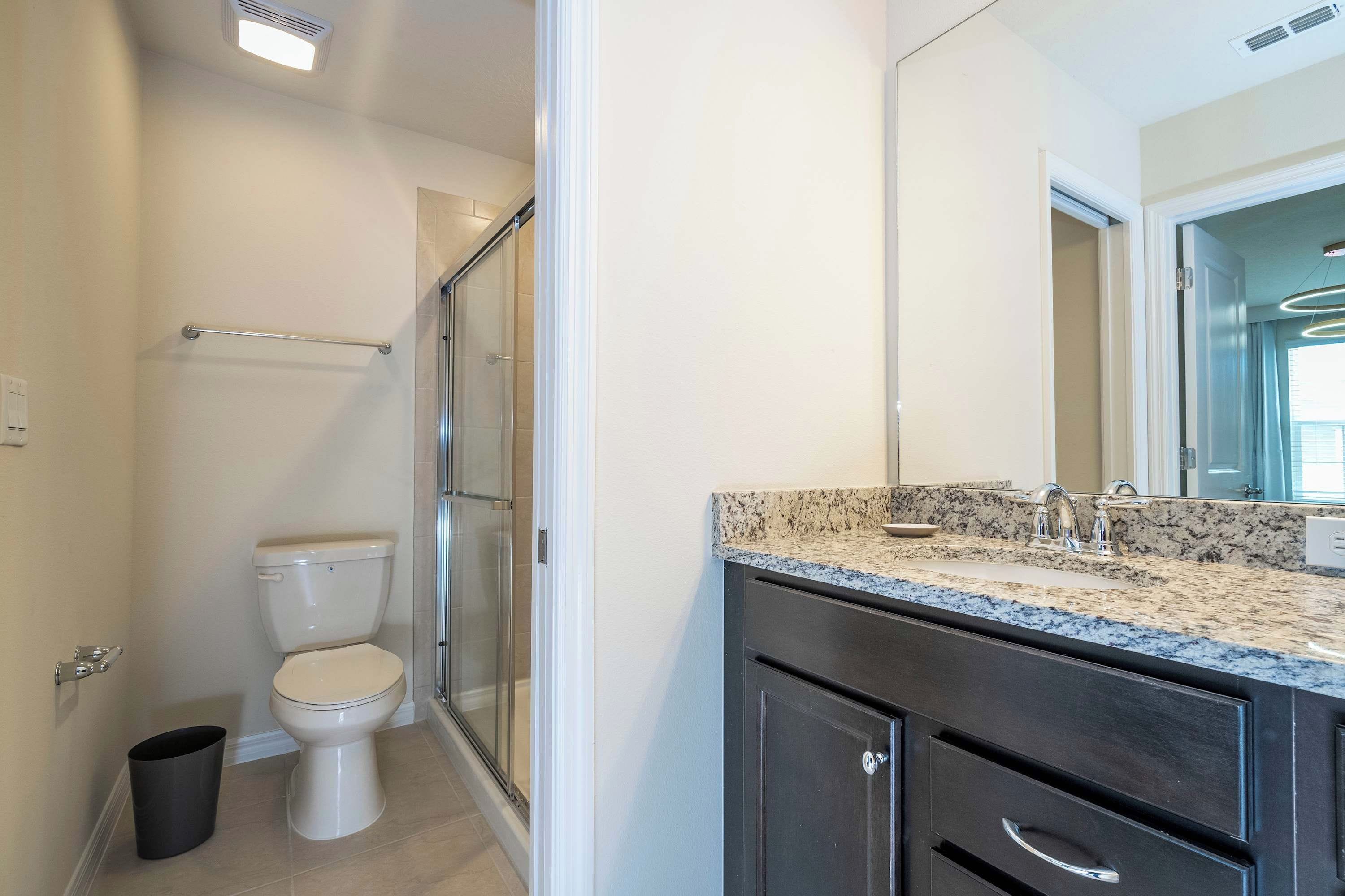 A bathroom with a toilet, shower, vanity with a sink, and a mirror.