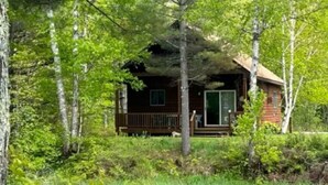 A cabin with a deck, surrounded by trees and greenery. - Scott's Superior Inn and Cabins (Ontonagon)