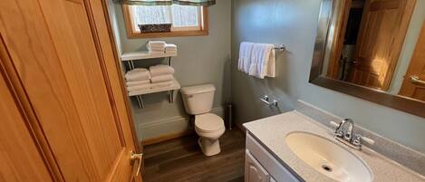 A bathroom with a wooden door, a toilet, a sink, and a mirror.