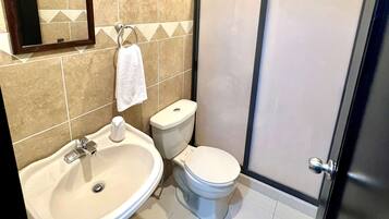 Shower, towels, soap, toilet paper
