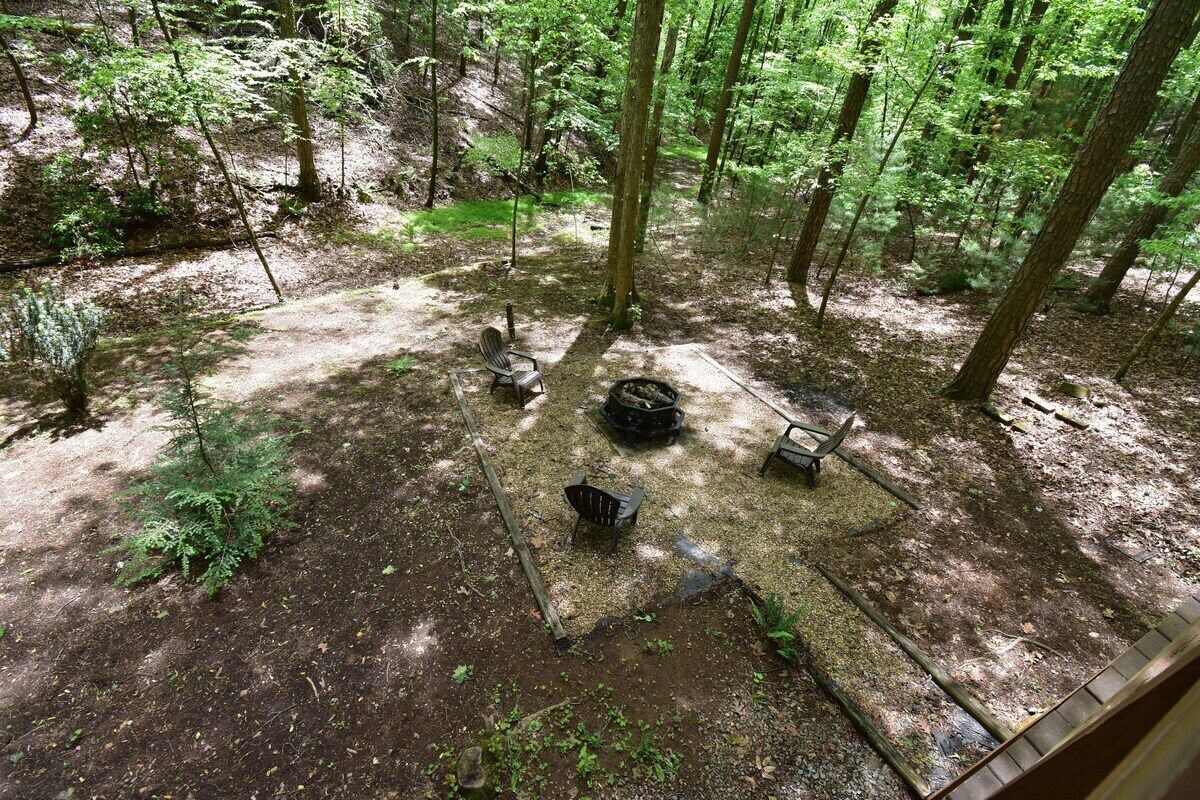A forested area with a fire pit, benches, and a small table.