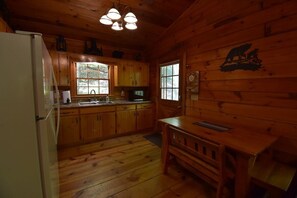 Fridge, microwave, oven, stovetop - Cozy Secluded Cabin: Hot Tub, Fireplace & Firepit (Cherry Log)