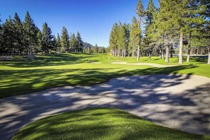 Ein Golfplatz mit gepflegter Spielbahn, Sandbunkern und einer Fahne.