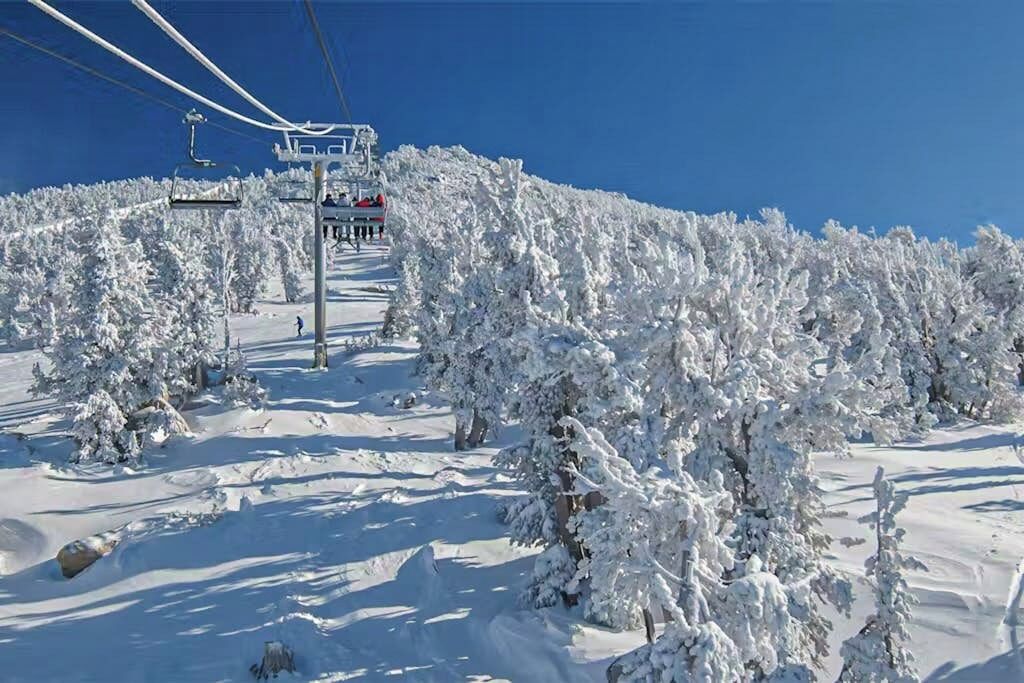 Une piste de ski enneigée, avec un télésiège et des arbres.