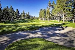 A golf course with a clear path, sand bunkers, and tall trees. - Delightful Dog-Friendly Condo with a Shared Pool, Sauna, and Hot Tub (Mammoth Lakes)