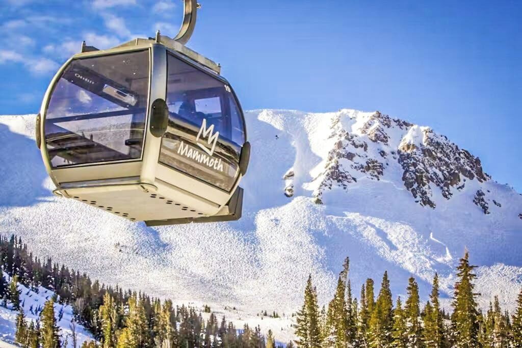 Une télécabine arborant le logo « Mammoth », suspendue au-dessus d’un paysage montagneux enneigé et parsemé d’arbres.