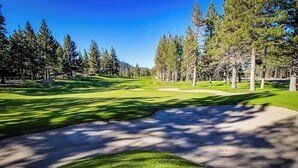 Un campo de golf con un camino despejado, búnkeres de arena y árboles.