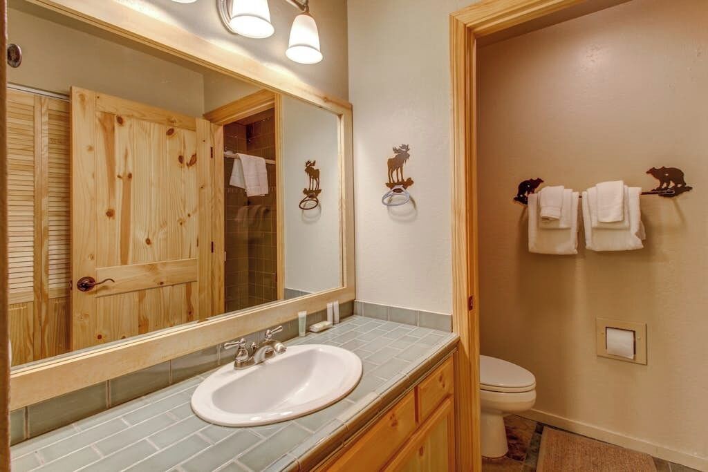 A bathroom with a wooden door, a sink, a toilet, and wall-mounted towel racks.