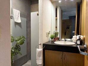 Dusche, Haartrockner, Handtücher, Seife