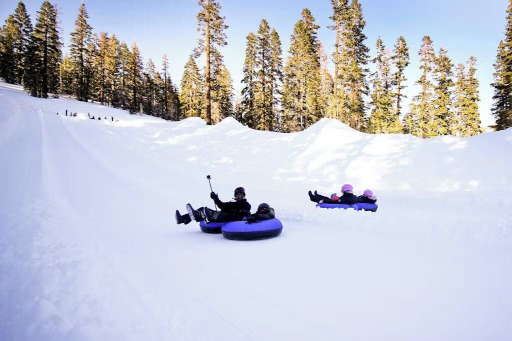 A snowy landscape with people in snow tubes.