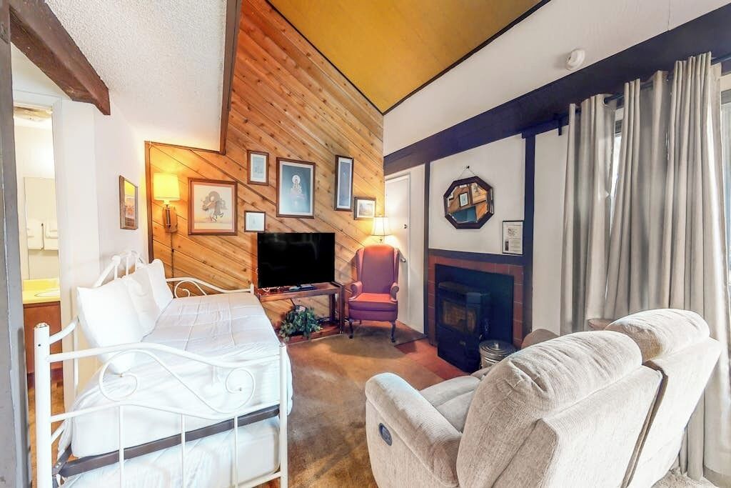 Une pièce confortable avec un lit, un canapé, une télévision, une cheminée et des tableaux encadrés accrochés au mur.