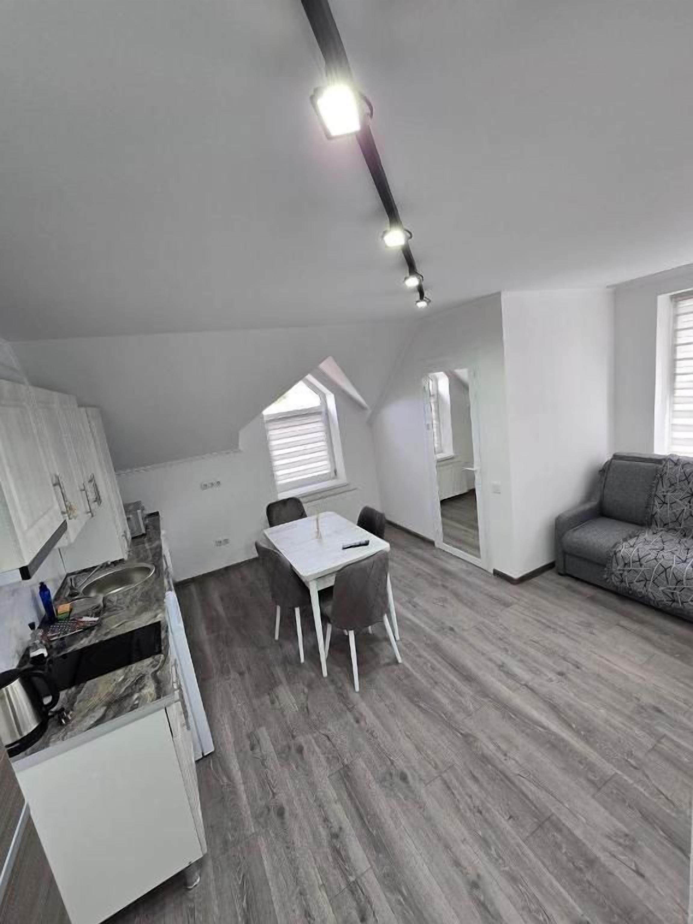 Un espacio habitable compacto con kitchenette, comedor y zona de estar.