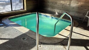 Una piscina con borde de cristal, una escalera metálica y un muro de madera.