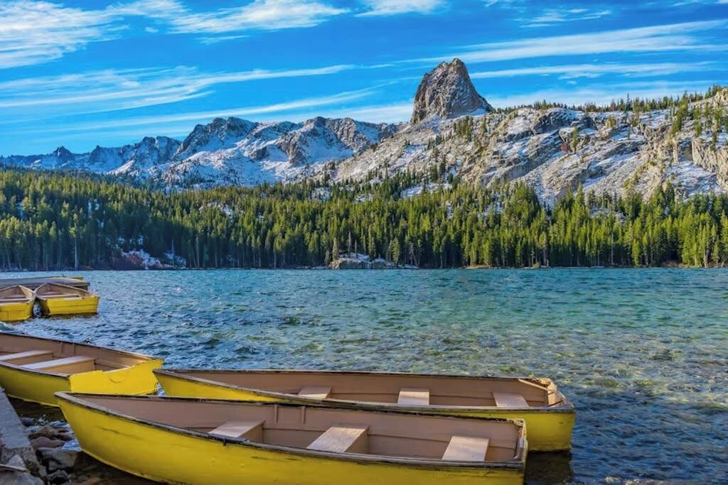 A lake with boats, a rocky mountain, and a forest.