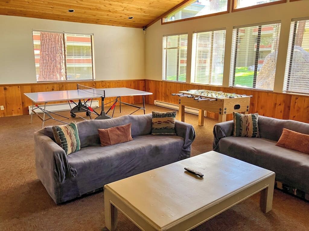 TV, fireplace, table football, ping pong
