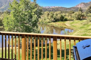 Eine Terrasse mit Grill, mit Blick auf einen See, umgeben von Bäumen und Bergen im Hintergrund.