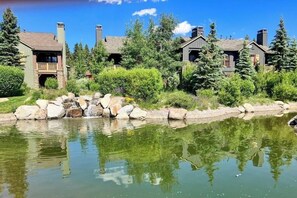 Une propriété située au bord d’un lac, comprenant plusieurs chalets, un étang et une végétation luxuriante.