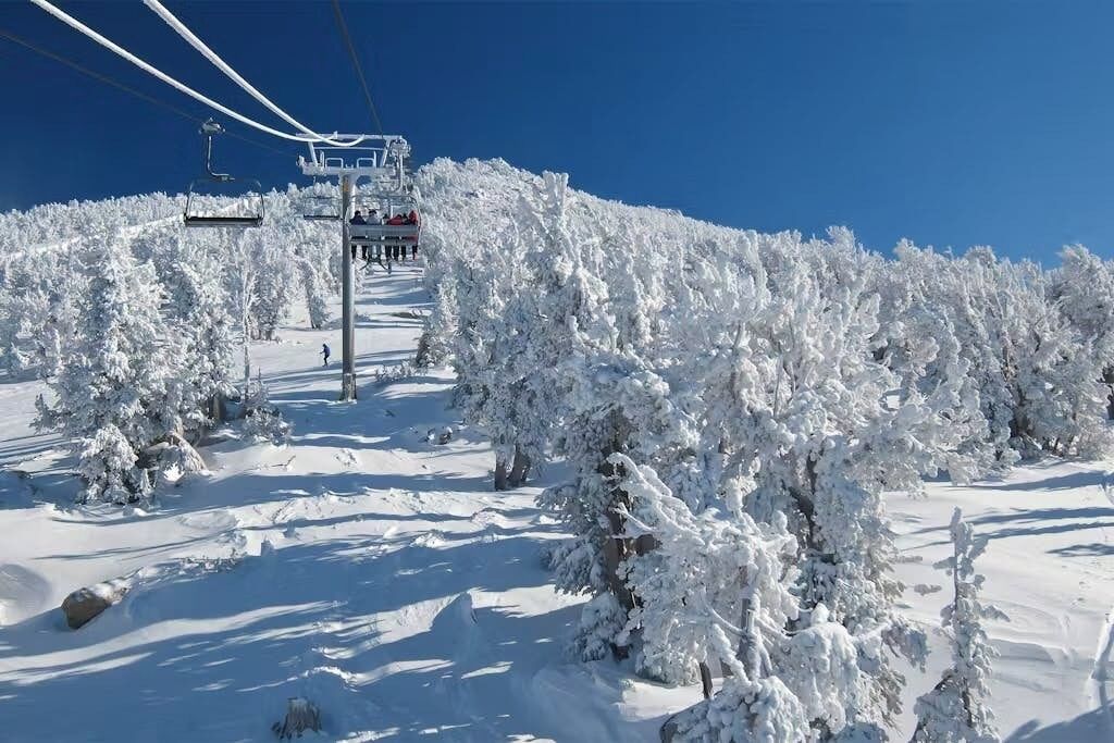 A snow-covered ski slope with a ski lift and trees.