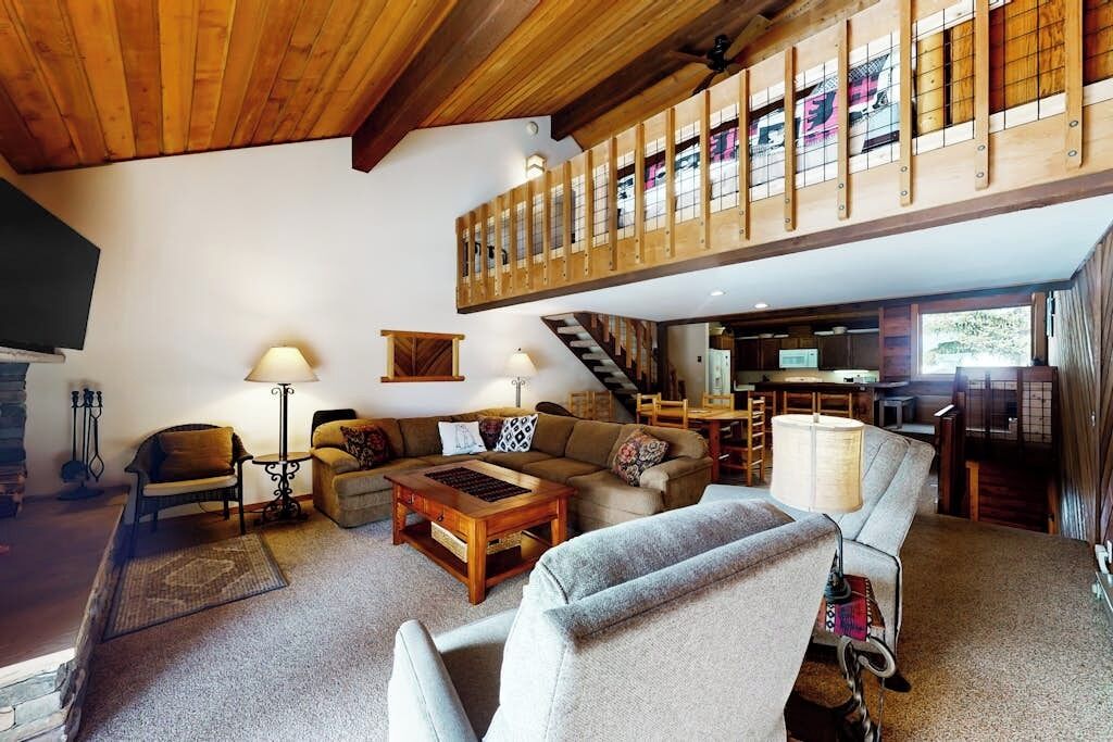 TV, fireplace, books