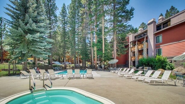 Zona de piscina amb gandules, una piscina i arbres alts.