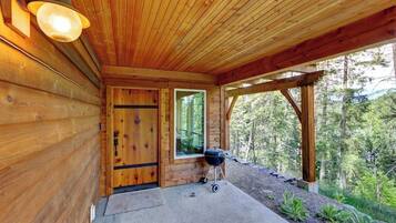 Une cabane en bois avec une véranda, une porte et un barbecue à l’extérieur.