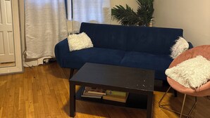 A living room with a blue sofa, a coffee table, a pink chair, a plant, and a door.