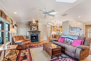 TV, fireplace, books