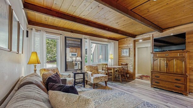 A cozy living room with a sofa, patterned rug, wooden ceiling, and a television. - Convenient Studio, Walking Distance to Sun Valley Lake - Shopping, Skiing Nearby (Sun Valley)