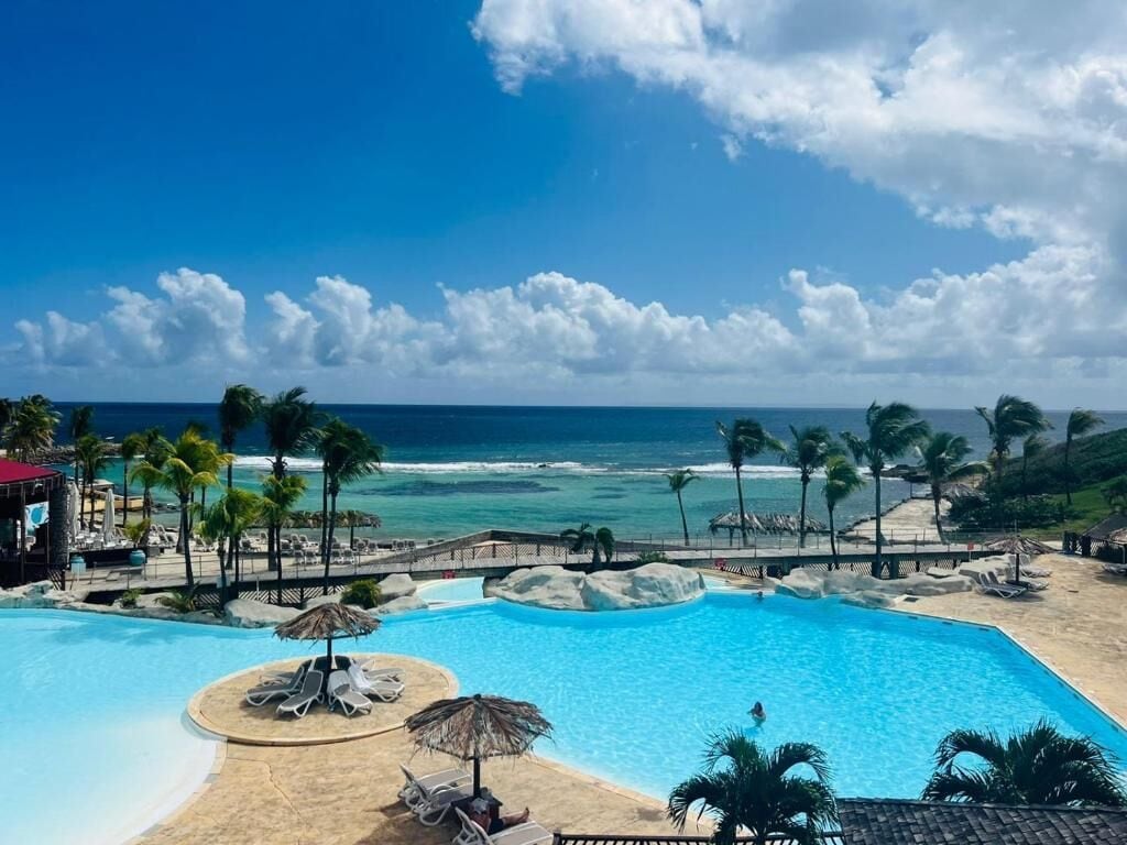 Zwembad van een resort met uitzicht op de oceaan, palmbomen en een strand.